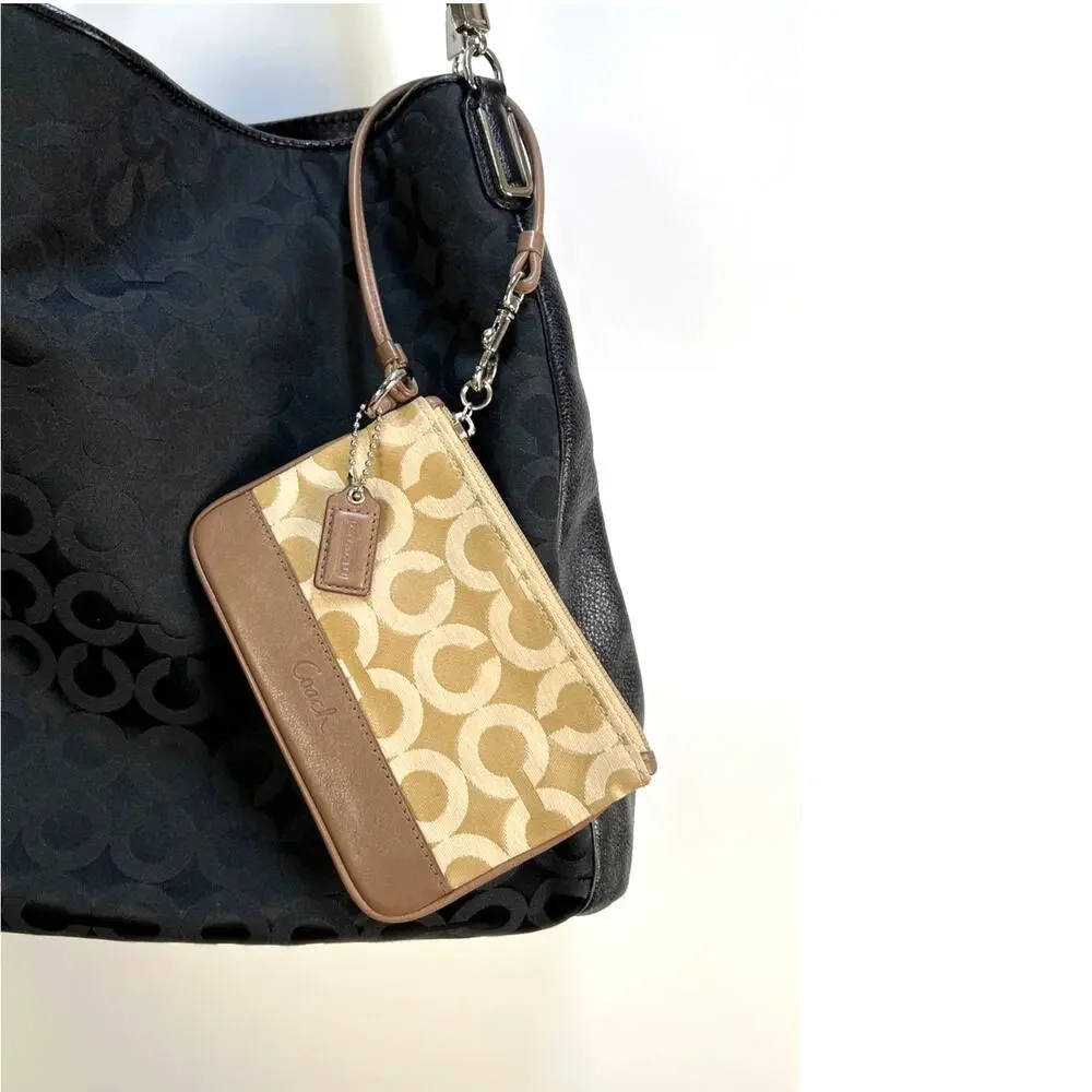 Coach Wristlet Signature C Op Art Sateen Jacquard Brown